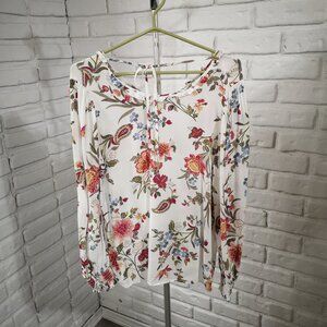 Loft Ladies Size Medium White w/ Multi Color Flower Pattern Long Sleeves Blouse